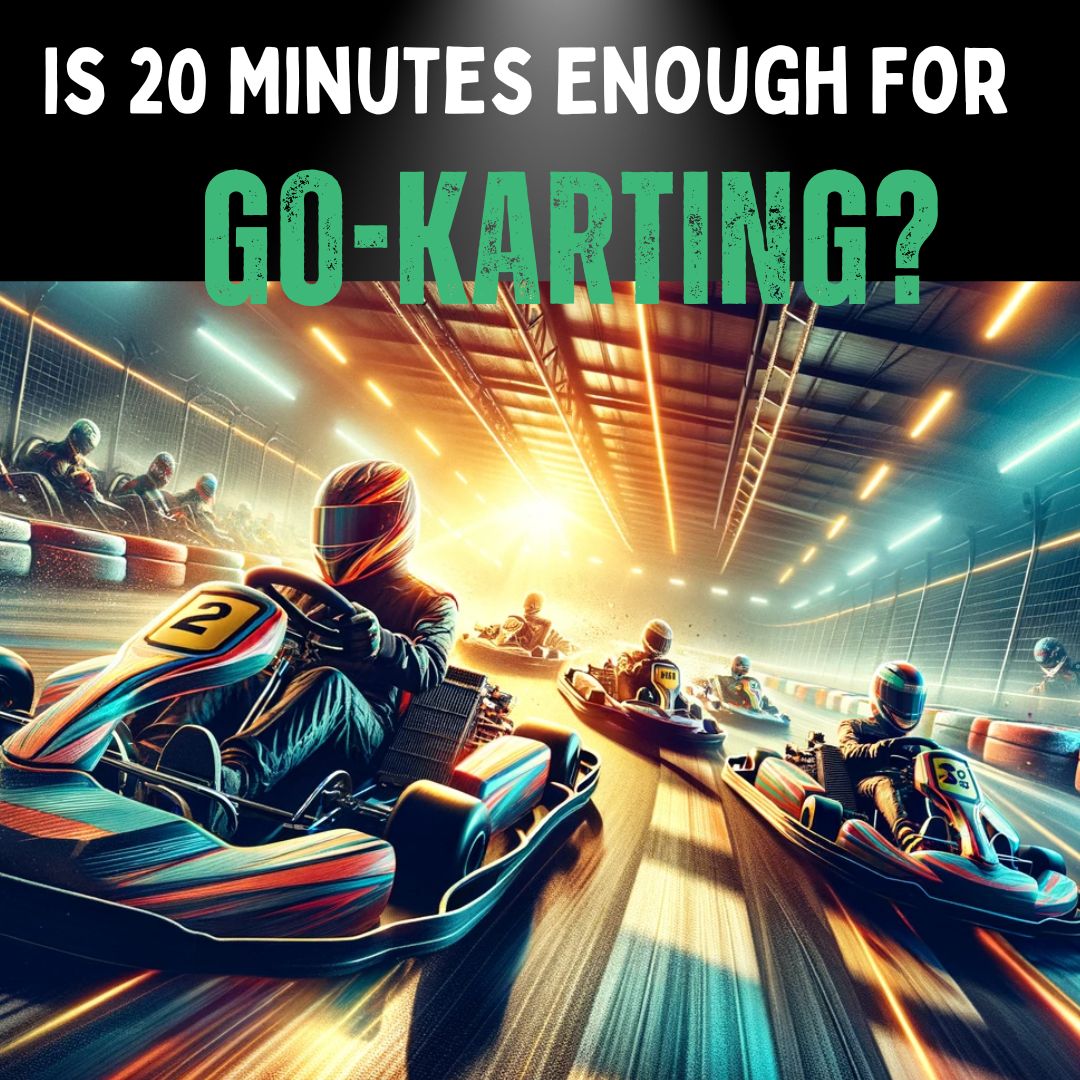 A dynamic and exciting image showing a go-karting track with several go-karts racing. 