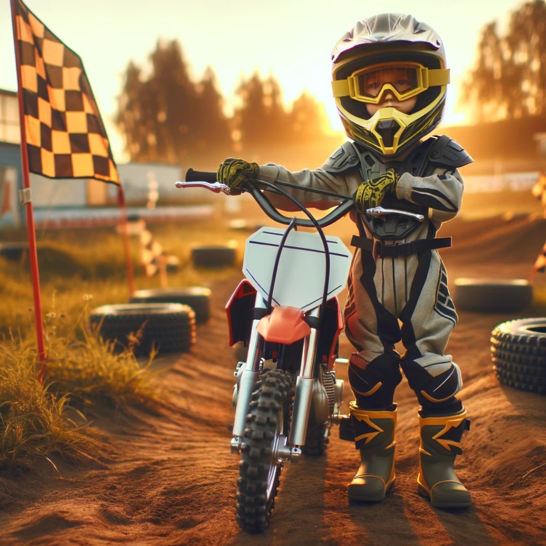 A child wearing motocross gear, including a helmet, goggles, gloves, and boots, standing beside a small motocross bike. The setting is an outdoor motocross track with safety barriers and flags. 