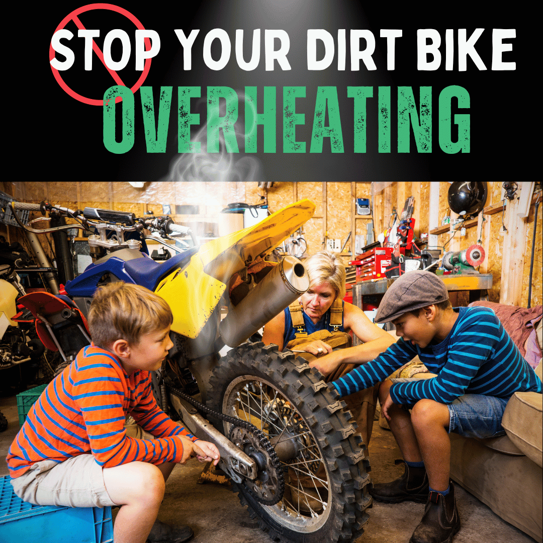 a mother and two children looking at a dirt bike