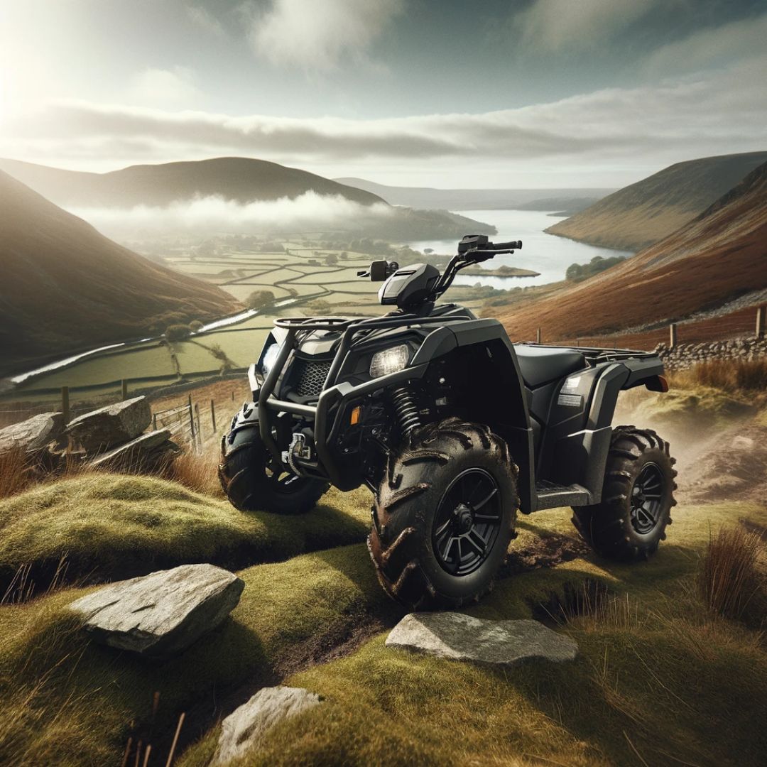 Quad Bikes and the Law - A quad bike on a rugged terrain with rolling hills in the background, capturing the essence of off-road adventure and outdoor activities. 