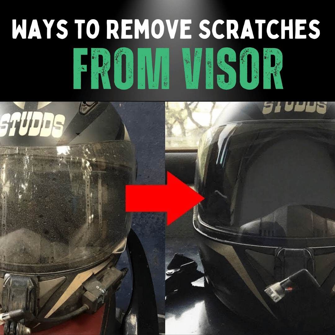 An image showing the before and after removing helmet visor scratches