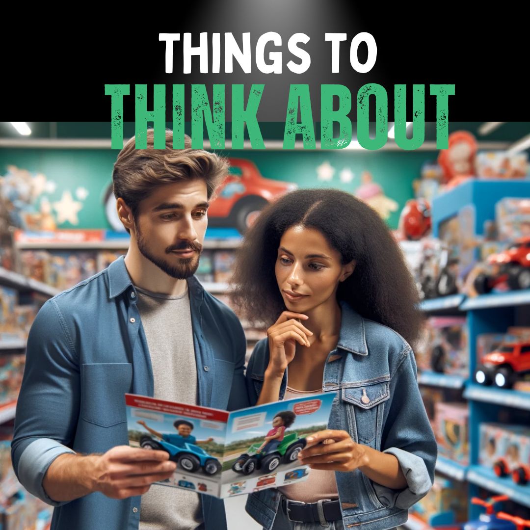 A photo-realistic image of a mixed-race couple standing in a toy store, thoughtfully considering a brochure titled 'Things to Look for When Buying a Kids Ride on Car'.