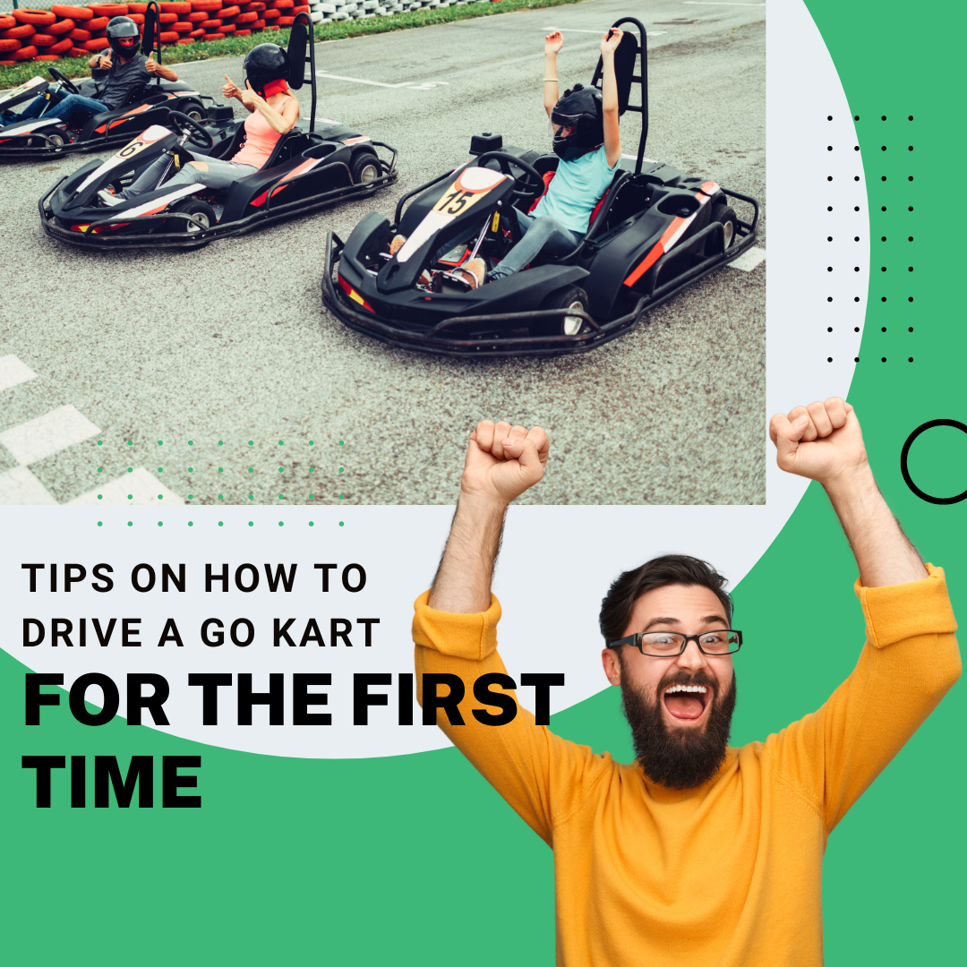 An asian man celebrating learning how to drive a go kart