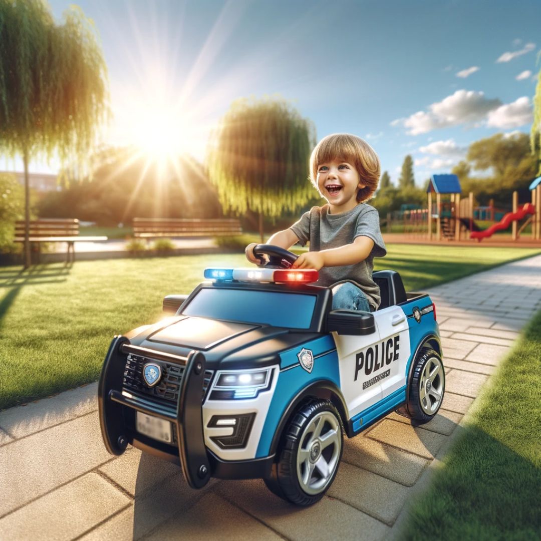 A joyful scene where a young child is happily riding a kid's ride-on police car in a sunny park.