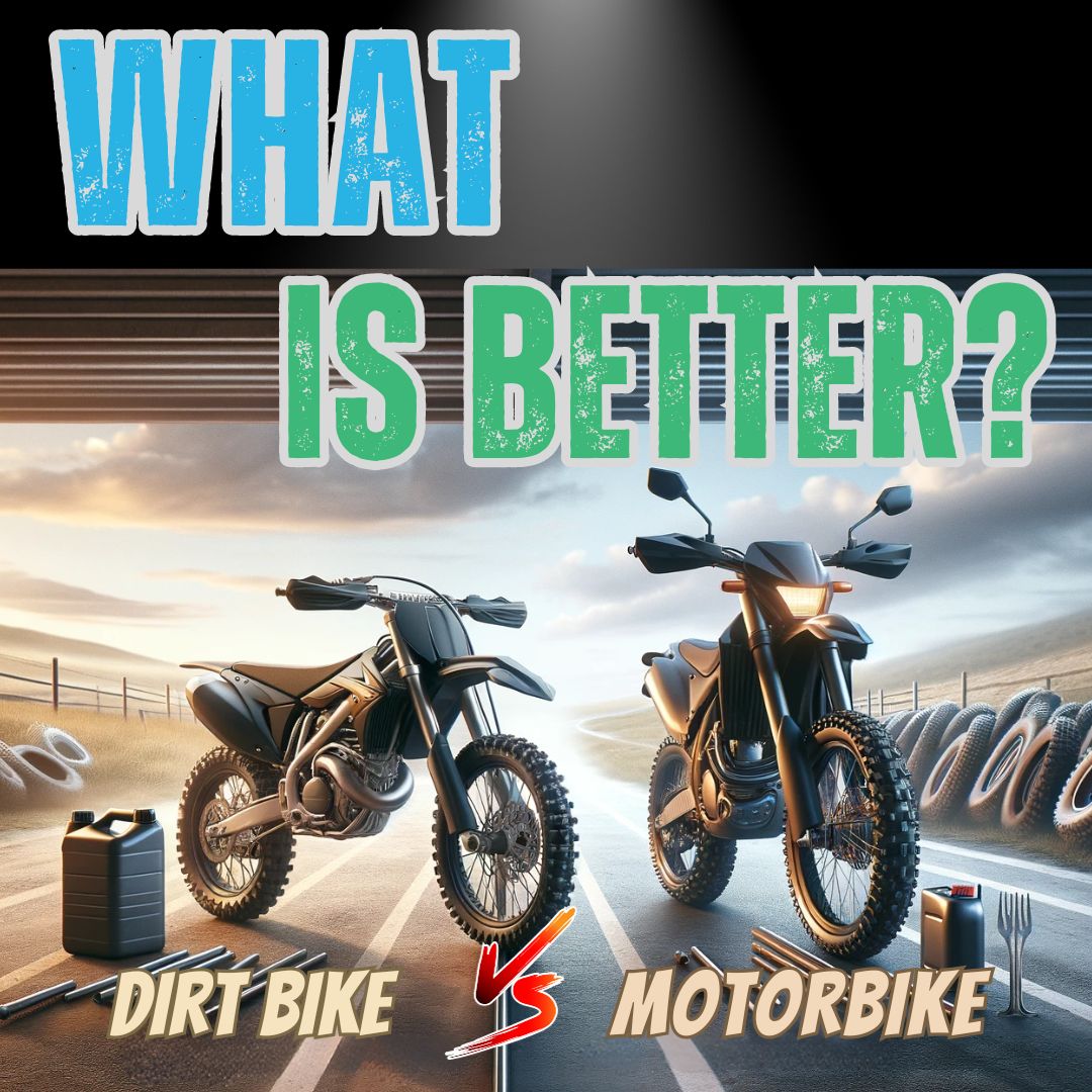 A photorealistic image depicting a side-by-side comparison between a modern 2-stroke dirt bike and a 4-stroke standard motorcycle