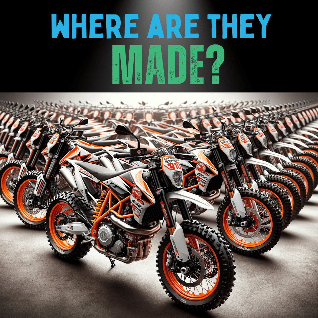 A dynamic, photo-realistic image of a series of motorcycles colored mainly in orange and black, complemented by white and various other tones. 