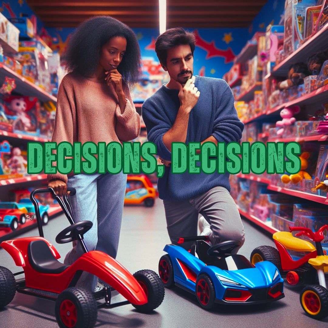A photograph of two parents, a Black woman and a Hispanic man, in a colorful kids' toy shop. They are examining a bright red pedal go-kart and a sleek blue electric go-kart