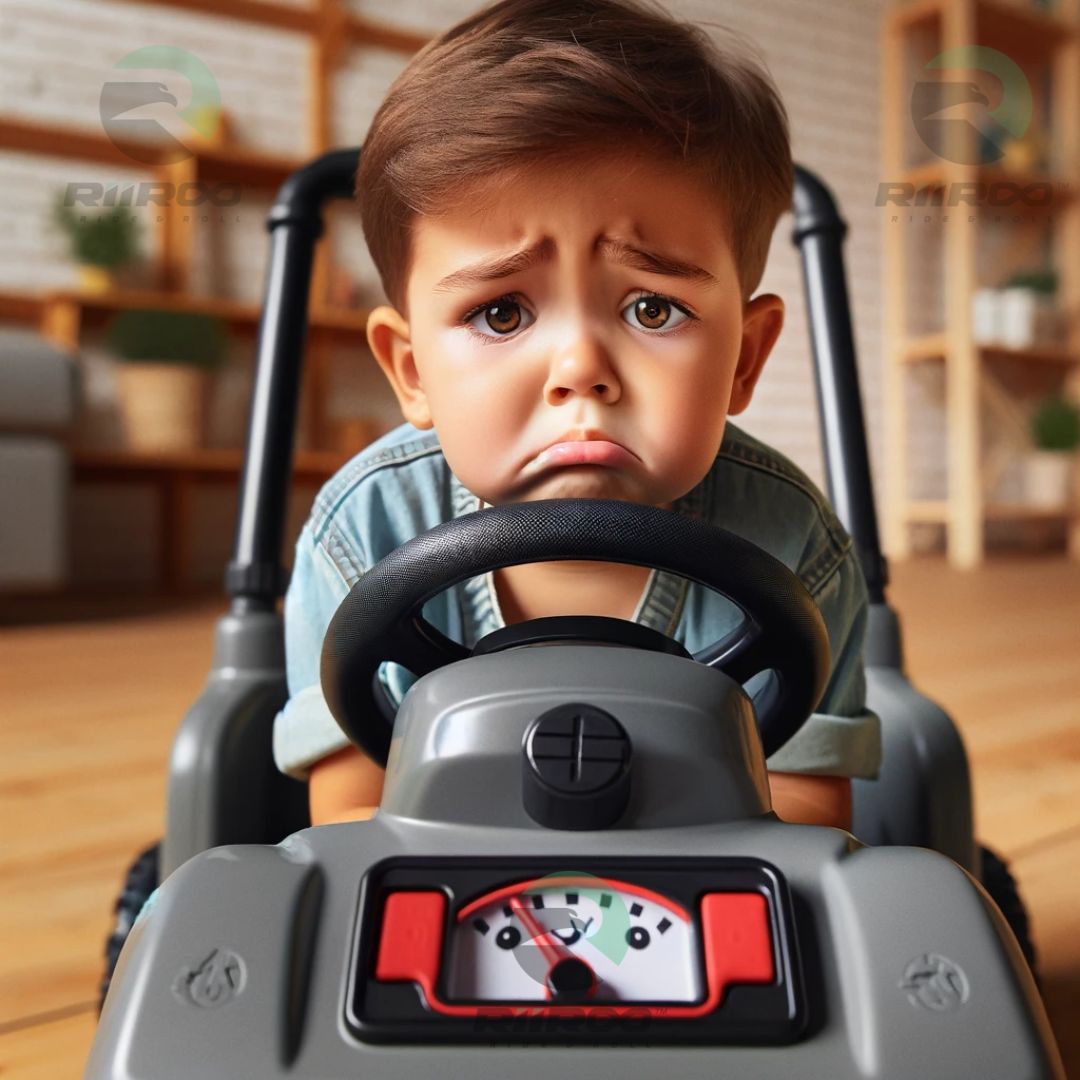 Photograph of a child looking disappointed, sitting in a battery-powered ride-on toy