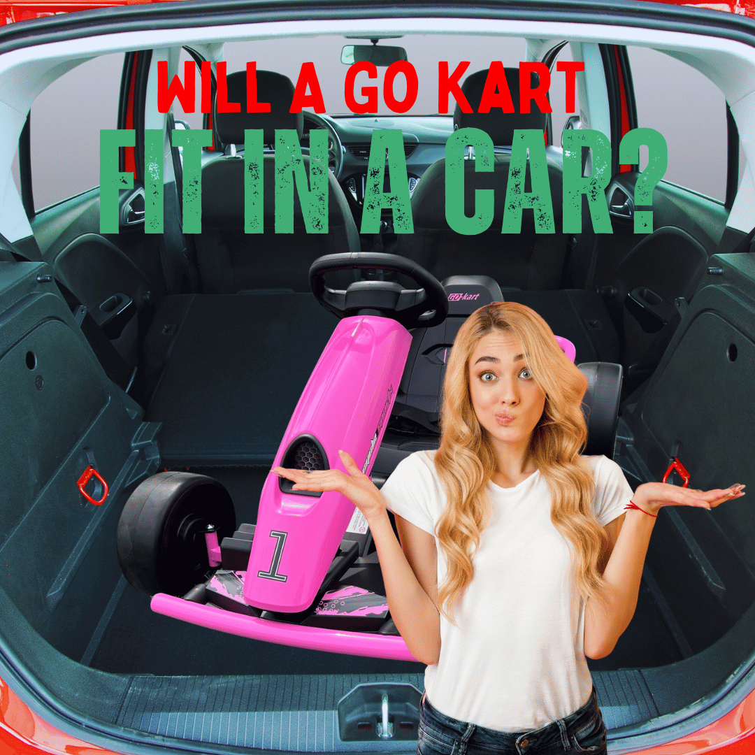 A picture of a go kart in the back of a car with a woman shrugging her shoulders