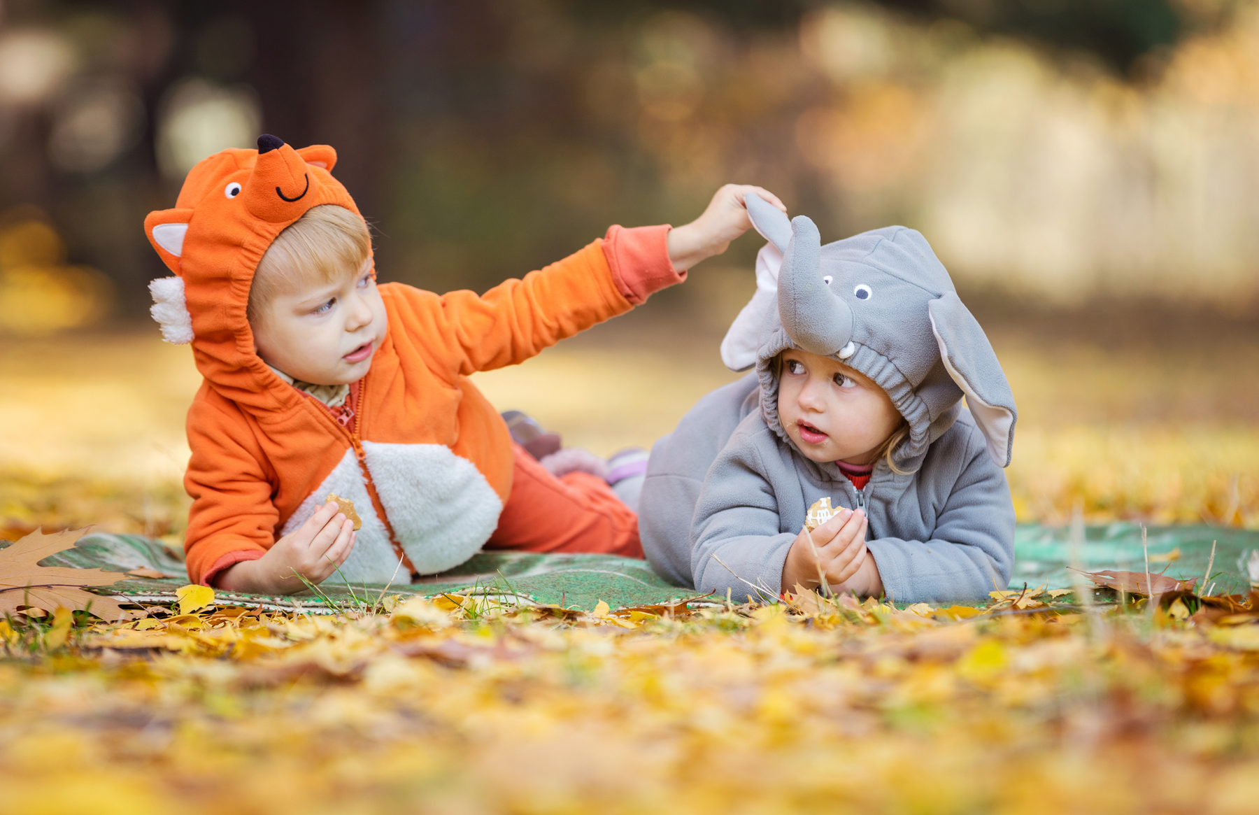 2 toddlers dressed in animal clothes