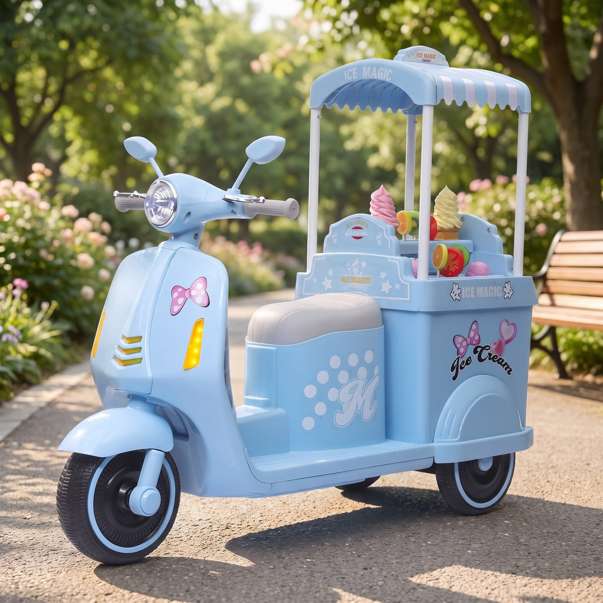 07-sweetscoops-12v-kids-ice-cream-ride-on-scooter-blue-garden-lifestyle.jpg