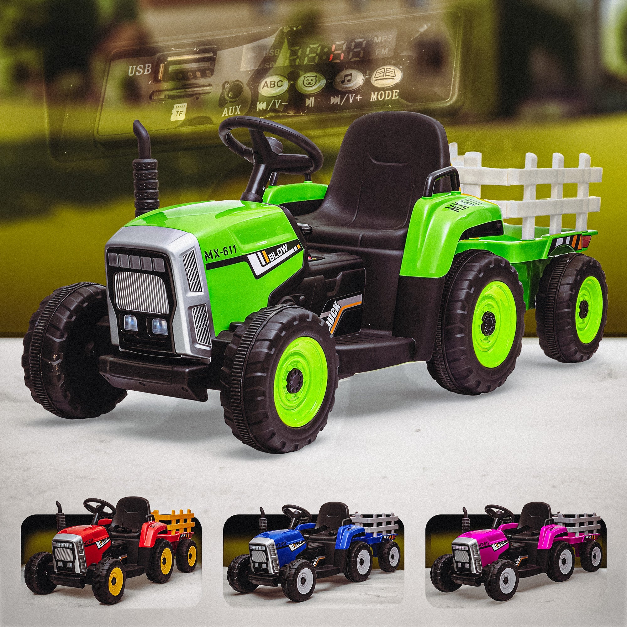 12V RiiRoo JDX Kids Battery Electric Tractor with Trailer