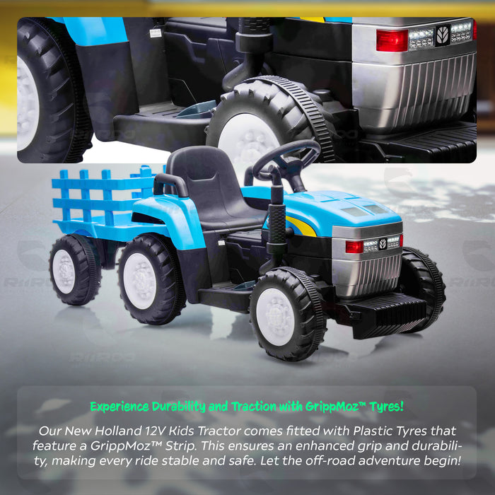 Precioso tractor eléctrico para niños New Holland T7 12 con remolque.