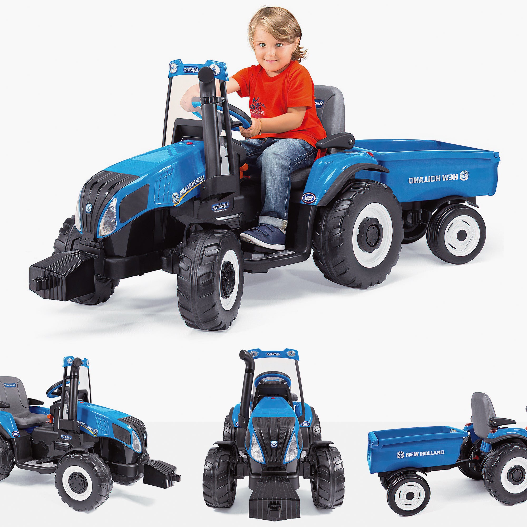 new holland t8 peg perego Kids New Holland Electric 12V Ride on Tractor with Trailer Peg Perego – RiiRoo