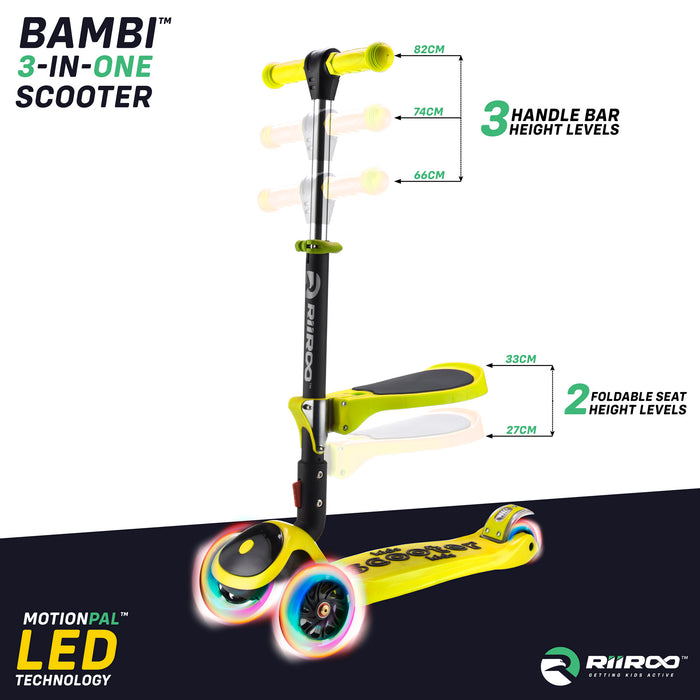 bambi three in one scooter adjustable seat handle bar yellow riiroo 3 kids
