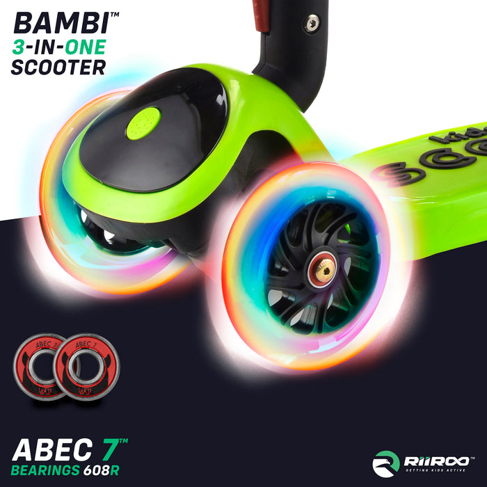 bambi three in one scooter led lights green riiroo 3 kids