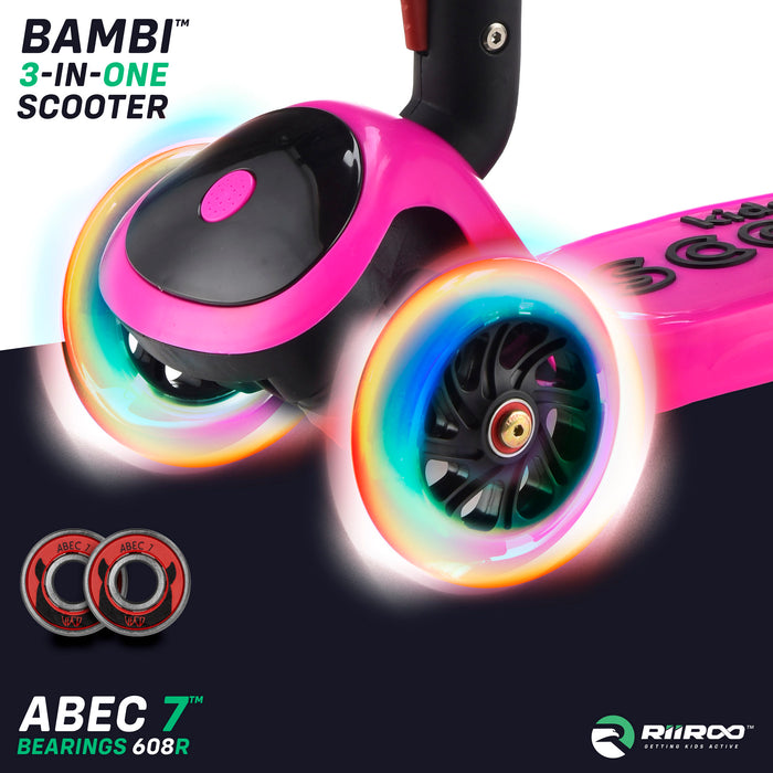 bambi three in one scooter led lights pink riiroo 3 kids