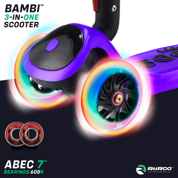 bambi three in one scooter led lights purple riiroo 3 kids