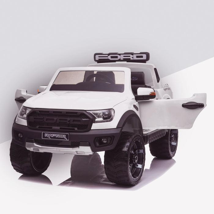 kids 12v electric ford ranger raptor f150 battery operated ride on car with parental remote control front angle doors open white wildtrak 2wd