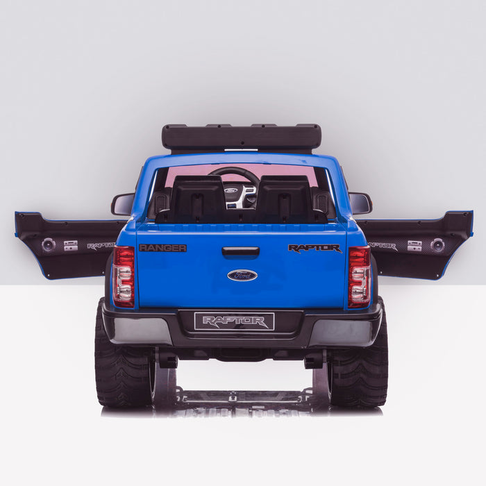 kids 12v electric ford ranger raptor f150 battery operated ride on car with parental remote control rear doors open blue wildtrak 2wd