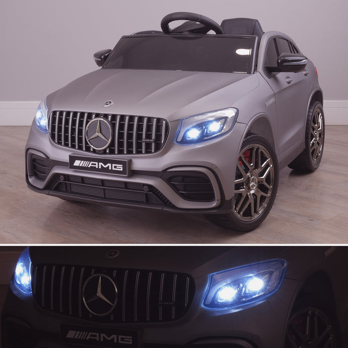 kids 12v electric mercedes glc 63s coupe battery car jeep pick up battery operated ride on car with parental remote control mat gray front angle lights on benz amg licensed 2wd