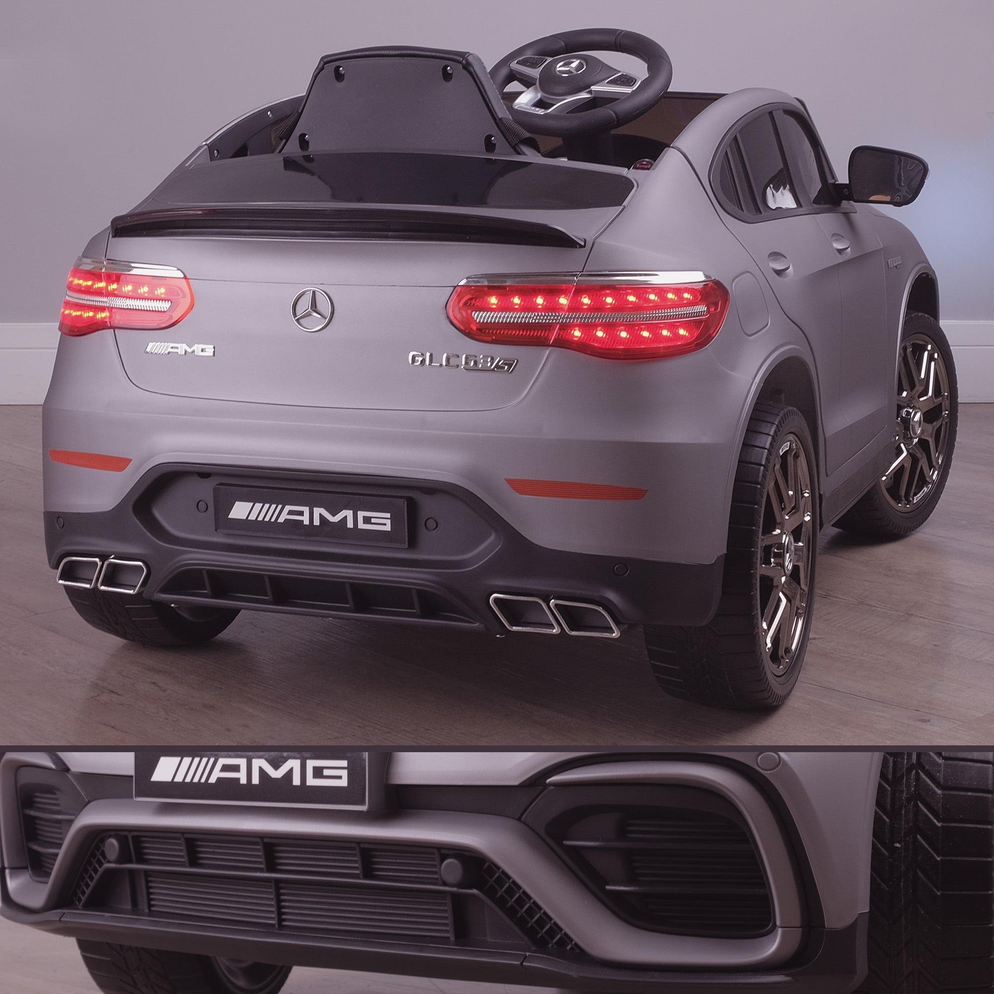 kids 12v electric mercedes glc 63s coupe battery car jeep pick up battery operated ride on car with parental remote control mat gray rear angle benz amg licensed 2wd