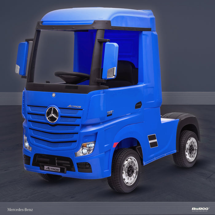 kids mercedes actros licensed ride on electric truck battery operated power wheels with parental remote control main front perspe blue benz 24v 4wd
